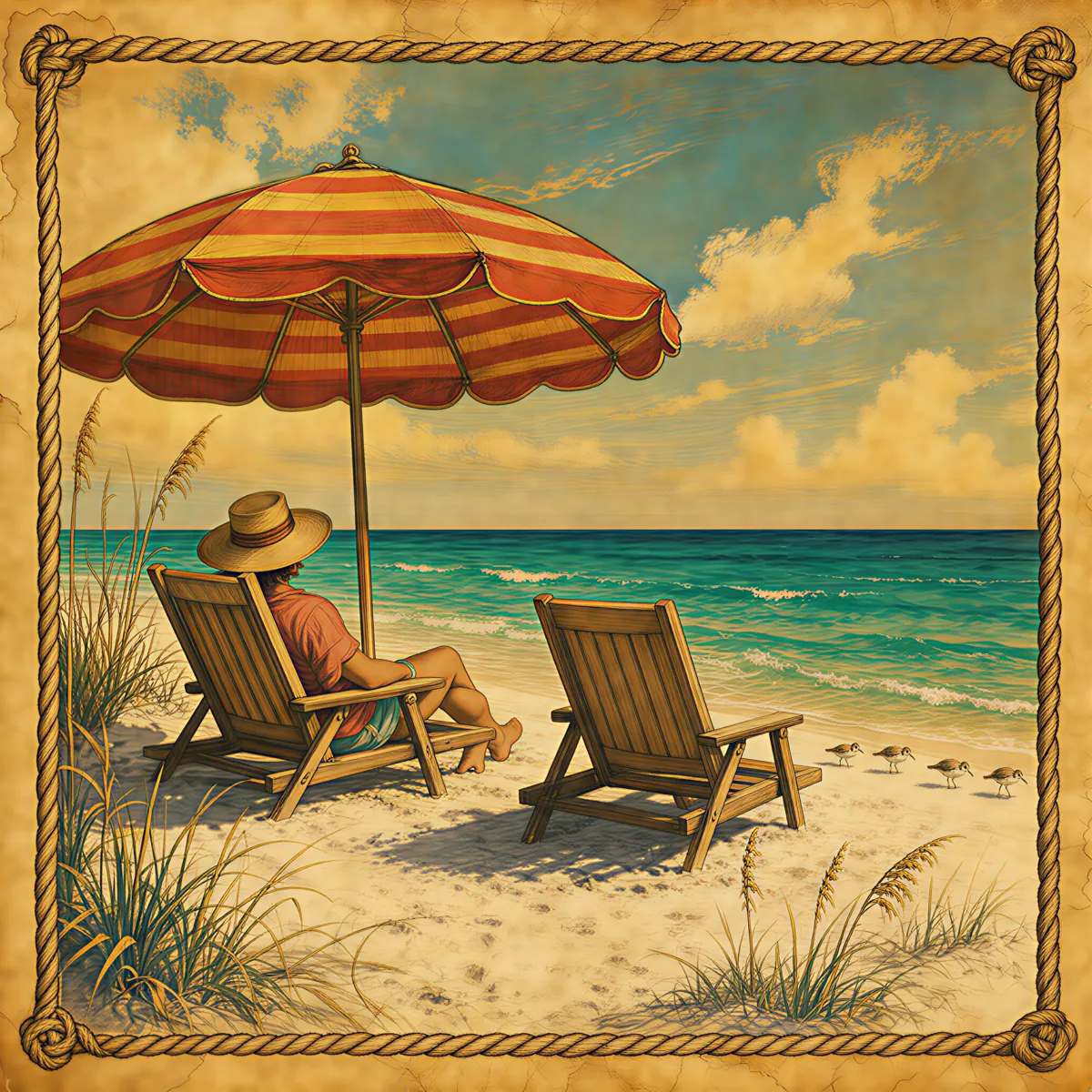 Relaxing on Destin beach with umbrella and chair overlooking the Gulf
