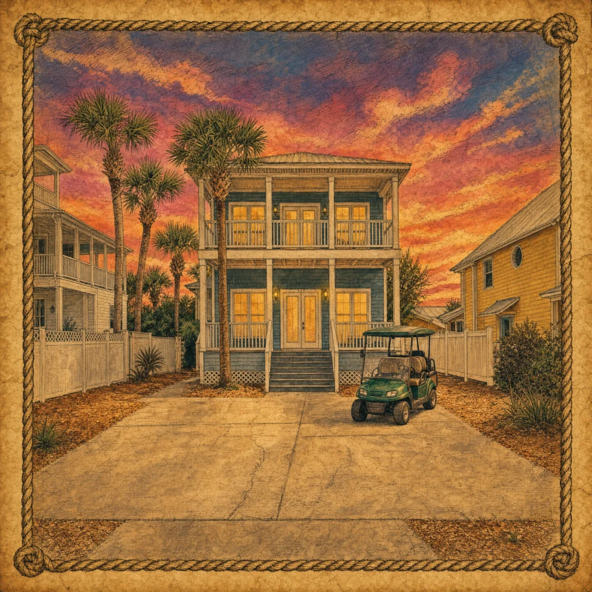 Destin beach house with golf cart at sunset — Miramar Beach vacation rental