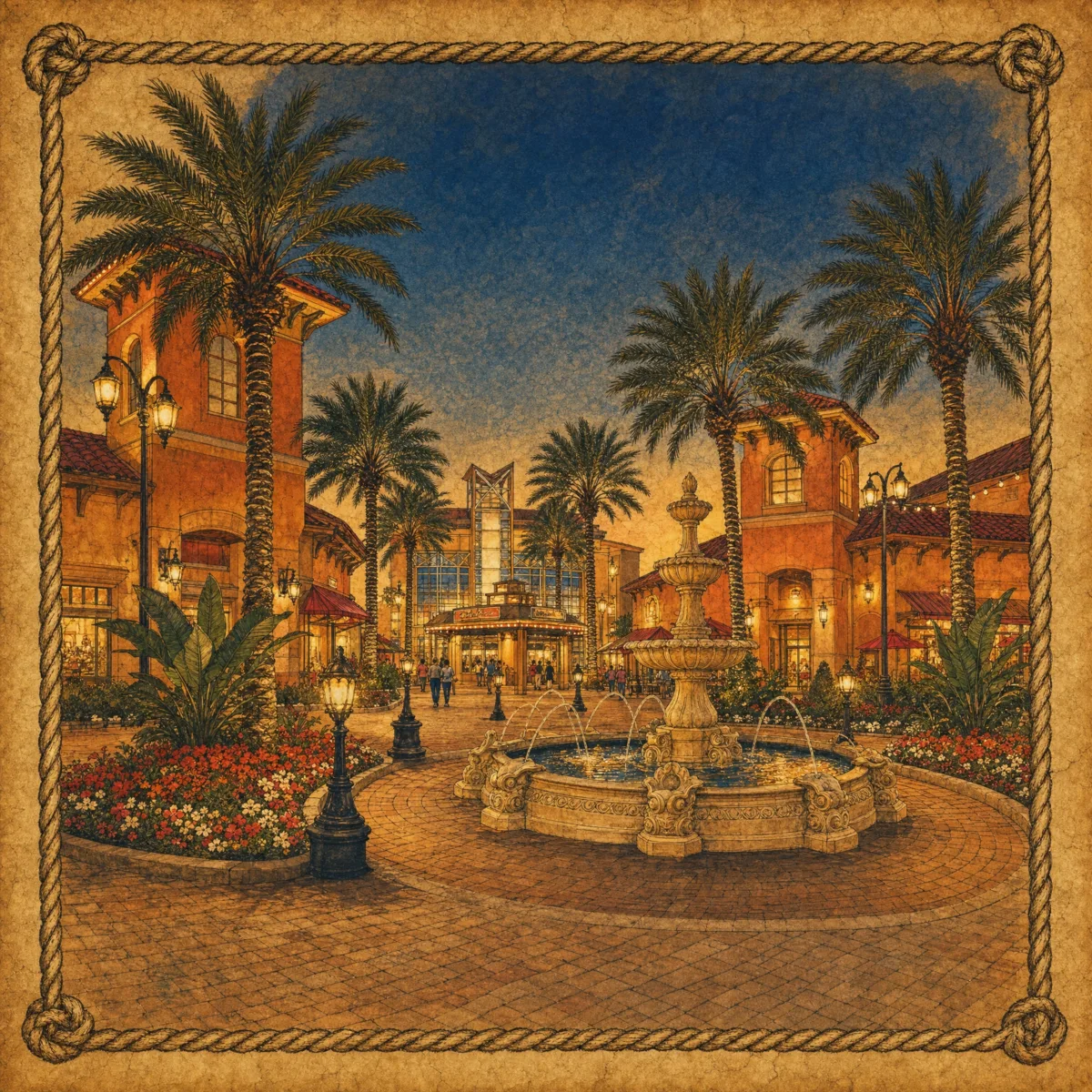 Village of Baytowne Wharf Destin — fountain plaza with palm trees at dusk