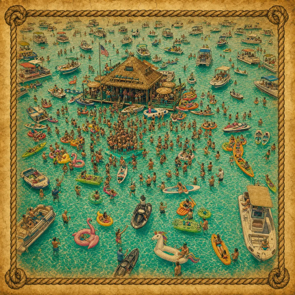 Crab Island Destin — aerial view of boats and people on the sandbar