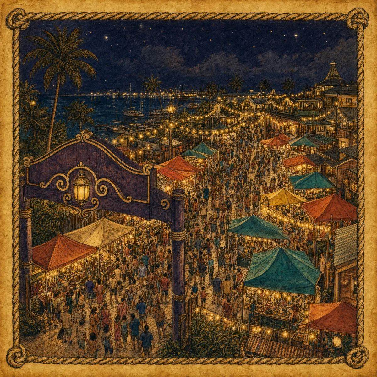HarborWalk Village at night — lights, crowds, and the Destin harbor