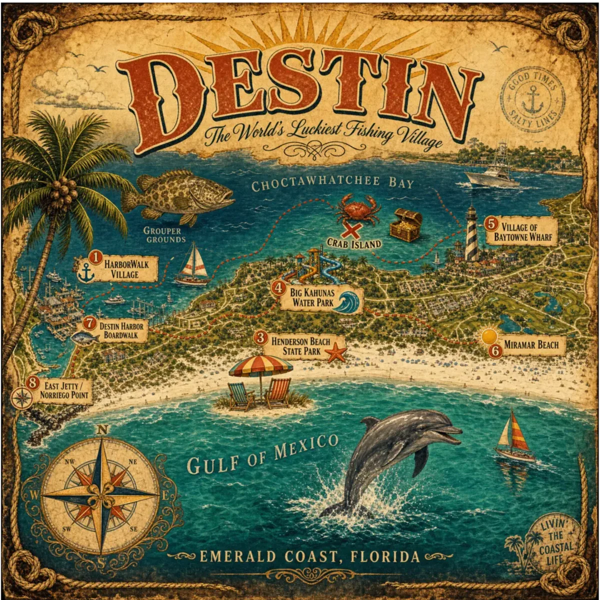 Vintage treasure map of Destin, Florida — the world's luckiest fishing village