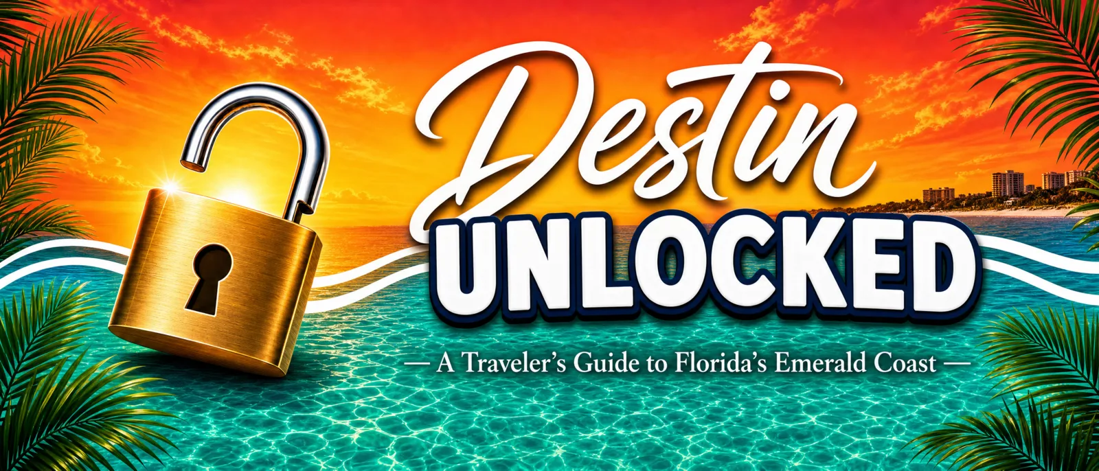 Destin Unlocked — A Traveler's Guide to Florida's Emerald Coast banner with sunset, palms, and golden padlock over emerald water